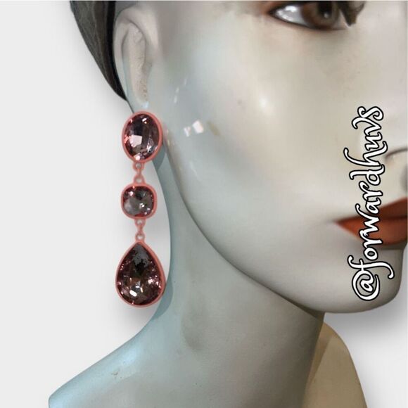 Pink Powdered Metal Dangle Bling Earrings with Faceted Pink Glass Rhinestones - Picture 7 of 10